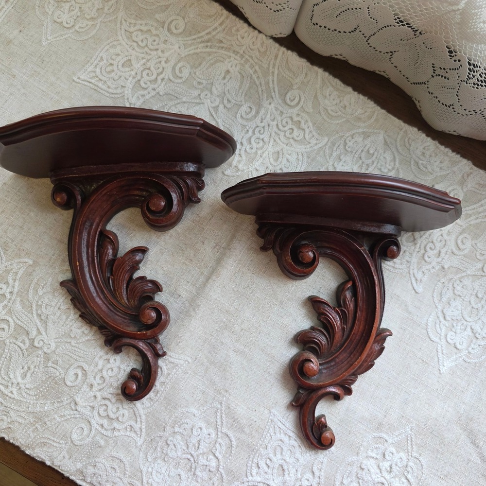 Vintage Syroco Wood Wall Sconce Shelves Set of 2, Brown Ornate Scroll, USA